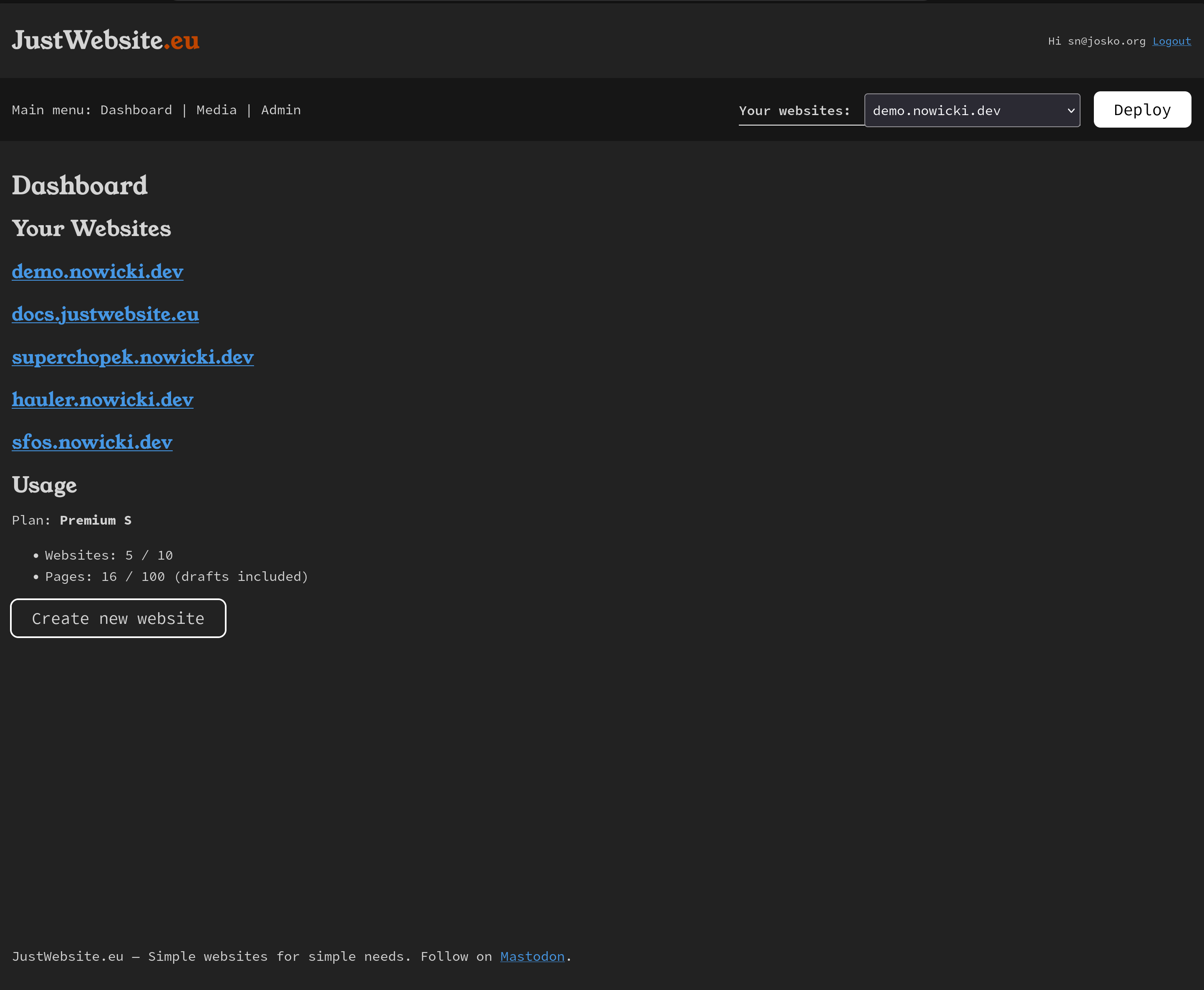 A screenshot showing dashboard with Premium S limits (10 websites, 100 pages)